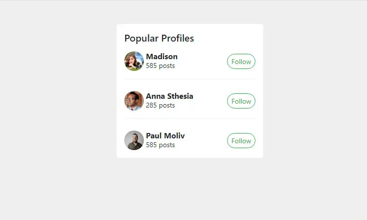Bootstrap 5 popular profiles sidebar with follow button