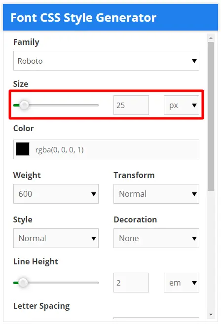 font css style generator font size