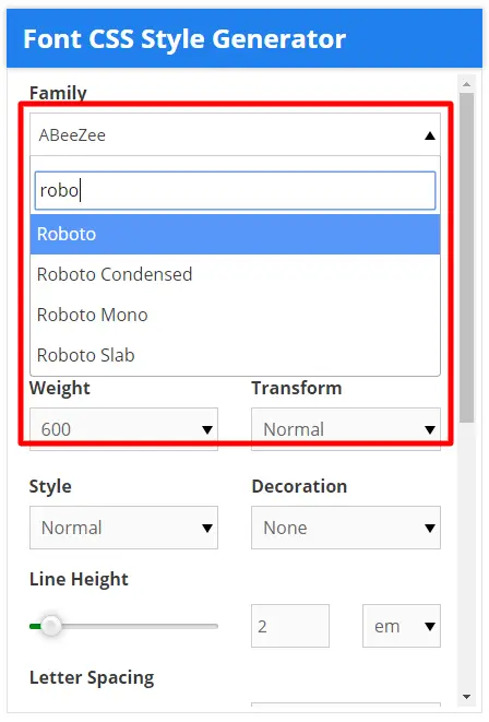 font css style generator select font